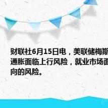 财联社6月15日电，美联储梅斯特表示，通胀面临上行风险，就业市场面临两个方向的风险。
