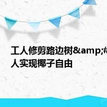 工人修剪路边树 路人实现椰子自由