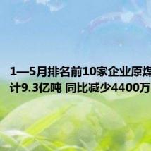 1—5月排名前10家企业原煤产量合计9.3亿吨 同比减少4400万吨