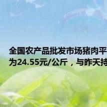全国农产品批发市场猪肉平均价格为24.55元/公斤,与昨天持平