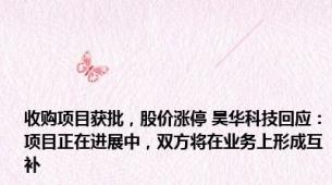 收购项目获批，股价涨停 昊华科技回应：项目正在进展中，双方将在业务上形成互补