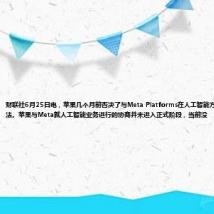 财联社6月25日电,苹果几个月前否决了与Meta Platforms在人工智能方面开展合作的想法。苹果与Meta就人工智能业务进行的协商并未进入正式阶段,当前没