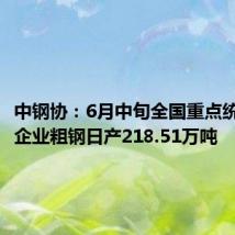 中钢协:6月中旬全国重点统计钢铁企业粗钢日产218.51万吨