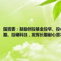 国资委：鼓励创投基金投早、投小、投长期、投硬科技，发挥长期耐心资本作用