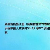威星智能新注册《威星智能燃气表段码液晶屏显示程序嵌入式软件V1.0》等9个项目的软件著作权