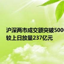 沪深两市成交额突破5000亿元 较上日放量237亿元
