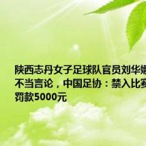 陕西志丹女子足球队官员刘华娜赛后发表不当言论,中国足协:禁入比赛场1场+罚款5000元