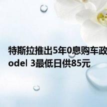 特斯拉推出5年0息购车政策,Model 3最低日供85元