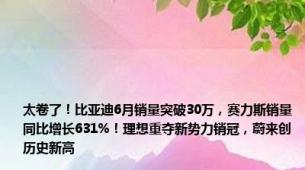 太卷了！比亚迪6月销量突破30万，赛力斯销量同比增长631%！理想重夺新势力销冠，蔚来创历史新高