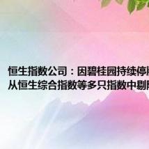 恒生指数公司：因碧桂园持续停牌，将其从恒生综合指数等多只指数中剔除