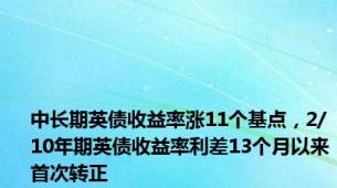 中长期英债收益率涨11个基点，2/10年期英债收益率利差13个月以来首次转正