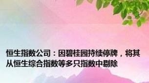 恒生指数公司：因碧桂园持续停牌，将其从恒生综合指数等多只指数中剔除