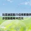 比亚迪奖励21位线索提供人：初步奖励最高30万元