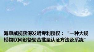 海康威视获得发明专利授权：“一种大规模物联网设备聚合批量认证方法及系统”