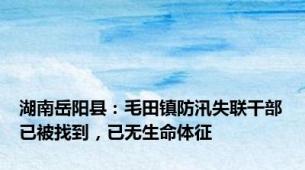 湖南岳阳县：毛田镇防汛失联干部已被找到，已无生命体征