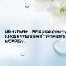 财联社7月4日电，巴西政府将向农业综合企业提供4005.9亿雷亚尔财政支援资金，并将向家庭农场融资760亿巴西雷亚尔。