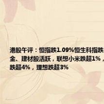 港股午评：恒指跌1.09%恒生科指跌1.83%！黄金、建材股活跃，联想小米跌超1%，零跑小鹏跌超4%，理想跌超3%