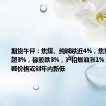 期货午评：焦煤、纯碱跌近4%，焦炭、玻璃跌超3%，橡胶跌3%，沪铅燃油涨1%；四季度纯碱价格或创年内新低