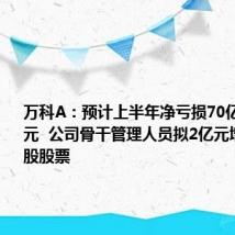 万科A：预计上半年净亏损70亿至90亿元  公司骨干管理人员拟2亿元增持公司A股股票