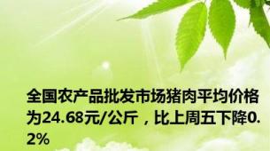 全国农产品批发市场猪肉平均价格为24.68元/公斤，比上周五下降0.2%
