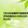 7月16日全国农产品批发市场猪肉平均价格为24.93元/公斤 比昨天上升1.0%