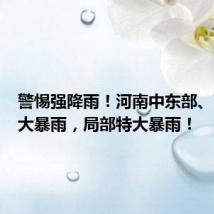 警惕强降雨！河南中东部、西南部大暴雨，局部特大暴雨！