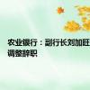 农业银行：副行长刘加旺因工作调整辞职