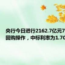 央行今日进行2162.7亿元7天期逆回购操作，中标利率为1.70%