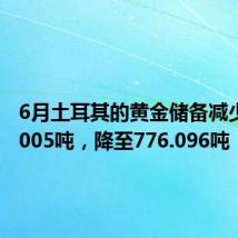 6月土耳其的黄金储备减少了17.005吨，降至776.096吨