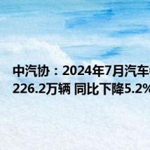 中汽协：2024年7月汽车销量为226.2万辆 同比下降5.2%
