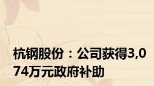 杭钢股份：公司获得3,074万元政府补助