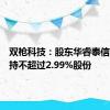 双枪科技：股东华睿泰信计划减持不超过2.99%股份