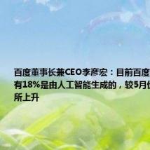 百度董事长兼CEO李彦宏:目前百度搜索结果中有18%是由人工智能生成的,较5月份的11%有所上升