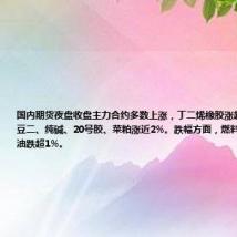国内期货夜盘收盘主力合约多数上涨,丁二烯橡胶涨超2%,豆粕、豆二、纯碱、20号胶、菜粕涨近2%。跌幅方面,燃料油、低硫燃料油跌超1%。