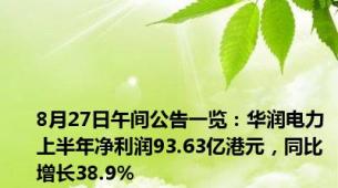8月27日午间公告一览：华润电力上半年净利润93.63亿港元，同比增长38.9%
