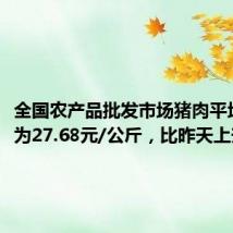 全国农产品批发市场猪肉平均价格为27.68元/公斤,比昨天上升0.6%