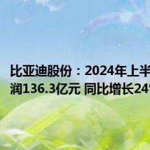 比亚迪股份:2024年上半年净利润136.3亿元 同比增长24%