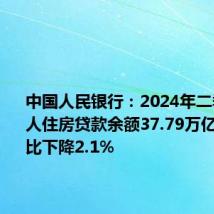中国人民银行:2024年二季度末个人住房贷款余额37.79万亿元,同比下降2.1%