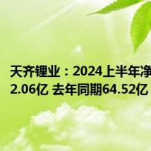 天齐锂业:2024上半年净利润-52.06亿 去年同期64.52亿