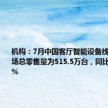 机构:7月中国客厅智能设备线上监测市场总零售量为515.5万台,同比下降4.6%