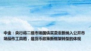 中金：央行将二级市场国债买卖重新纳入公开市场操作工具箱，是货币政策新框架转型的体现