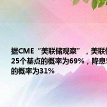 据CME“美联储观察”,美联储9月降息25个基点的概率为69%,降息50个基点的概率为31%
