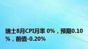 瑞士8月CPI月率 0%，预期0.10%，前值-0.20%