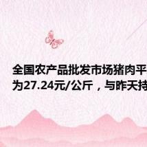 全国农产品批发市场猪肉平均价格为27.24元/公斤,与昨天持平