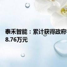 泰禾智能:累计获得政府补助268.76万元